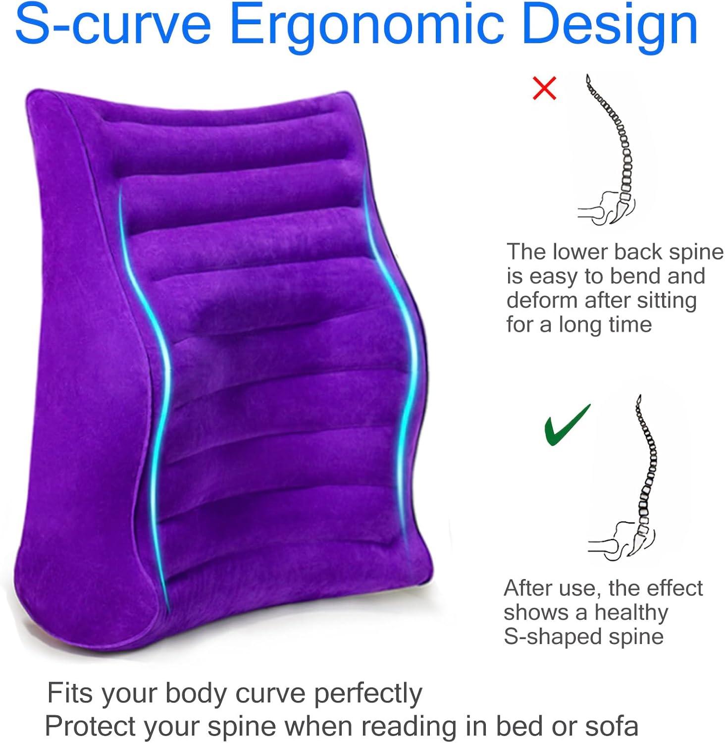 Bed Reading Pillow with S-Curve, Gaming Pillow for Working Crocheting, Ergonomic Bed Wedge Pillow for Sleeping, Inflatable Backrest…