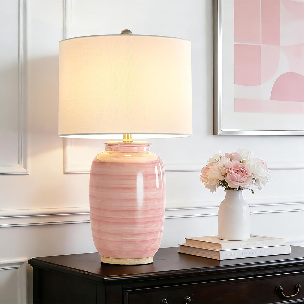 Maxax 25" Pink Ceramic Table Lamp for Living Room, Modern Ceramic Bedside Lamp for Bedroom, End Table Lamp with White Farice for…