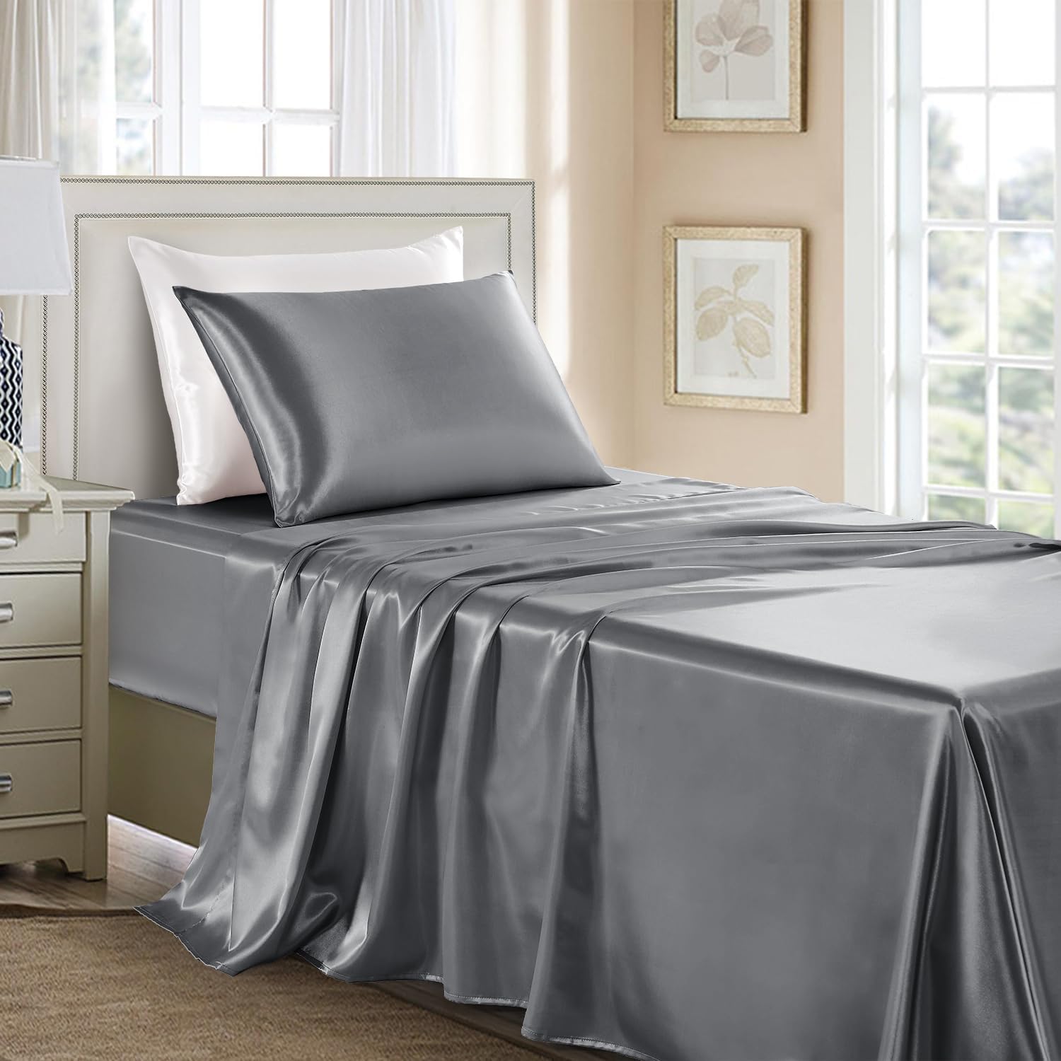 Golal Satin Sheets Twin Size - 3 Pieces Luxury Silky Soft Bed Sheets for Kids, Wrinkle-Free Dark Grey Satin Silk Sheet Set with 1 Deep Pock…