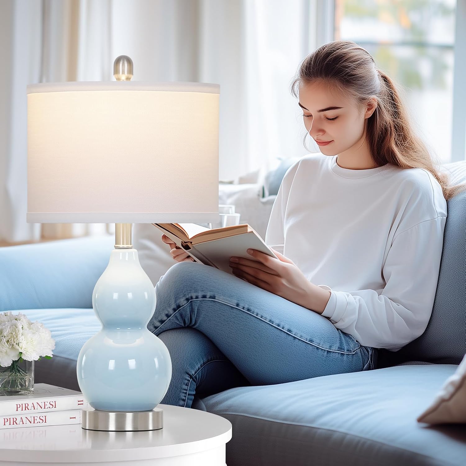 Rinweey Double Gourd Ceramic Table Lamps Set of 2, Modern Blue Bedside Lamps for Night Stand, Contemporary Nightstand Lamps for Bedroom…
