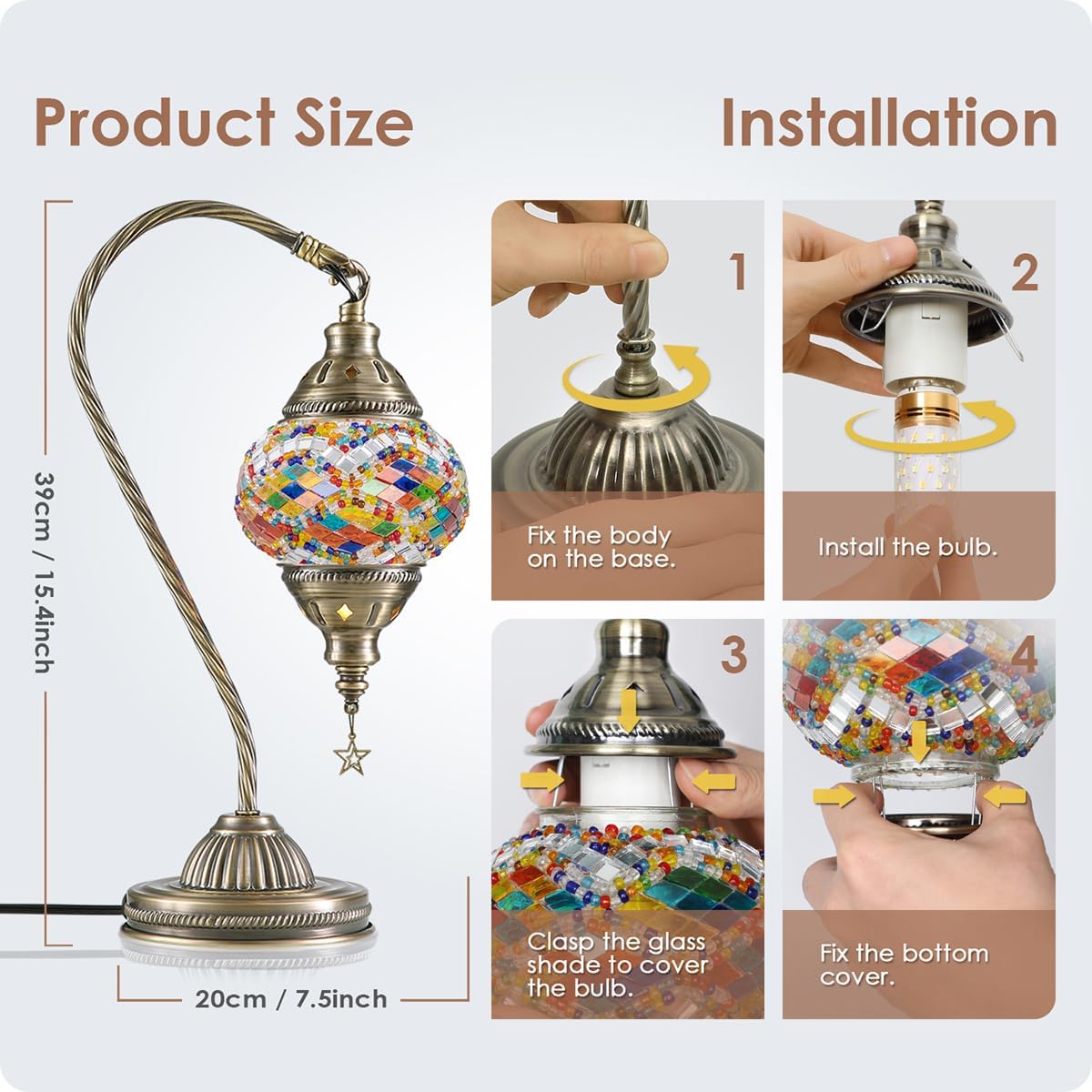 Yarra-Decor Turkish Moroccan Lamp with Bronze Base 3-Way Color Changing Handmade Swan Neck Tiffany Mosaic Glass Bedside Lamps for Bedroom…