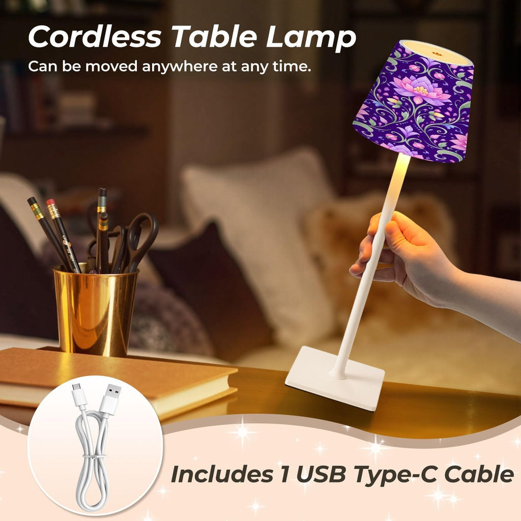Cordless Mahjong Lamp Pink Lotus Floral Deep Purple Ornamental Vines Small LED Lamp 3 Color Dimmable Rechargeable Lamps for Mah Jong…
