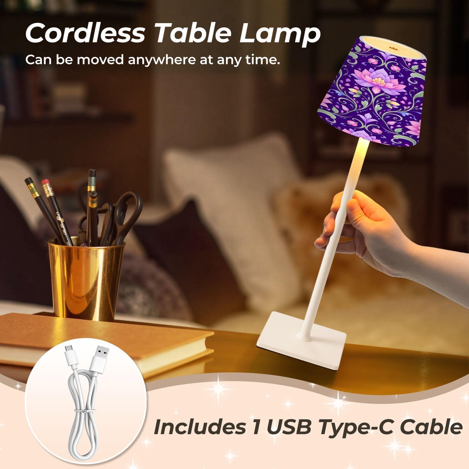 Cordless Mahjong Lamp Pink Lotus Floral Deep Purple Ornamental Vines Small LED Lamp 3 Color Dimmable Rechargeable Lamps for Mah Jong…