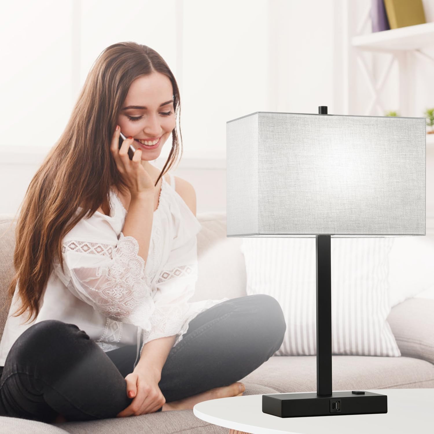 21" Touch Bedside lamps with 2 USB & AC Outlets, 3-Way Dimmable Bedside Table Lamps Set of 2 for Bedroom Living Room Office Reading, Gray…