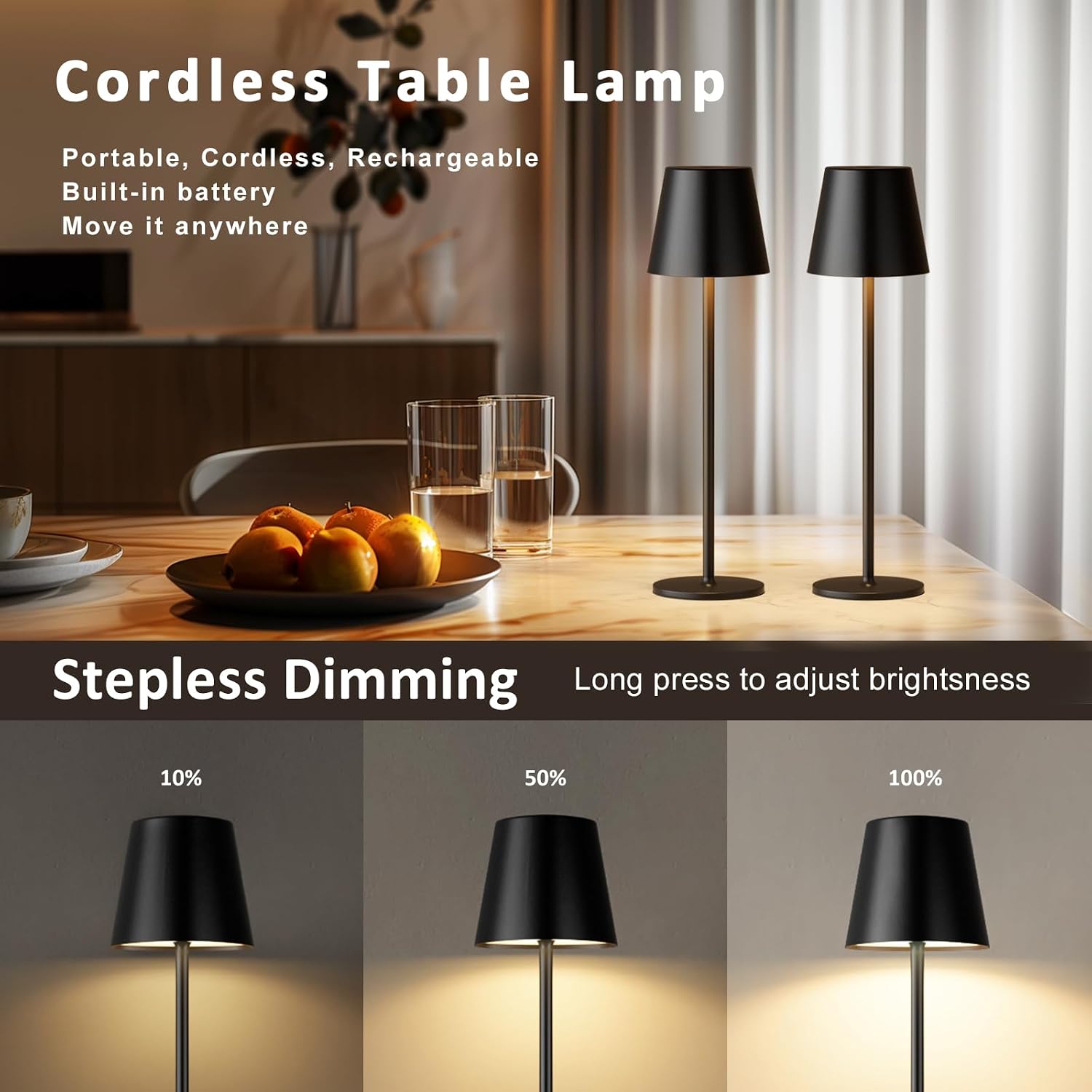 Kakanuo Cordless Table Lamp, 3 Color Stepless Dimming, 5000mAh Rechargeable Battery Powered, Outdoor LED Lamps, for Dining Room, Living…