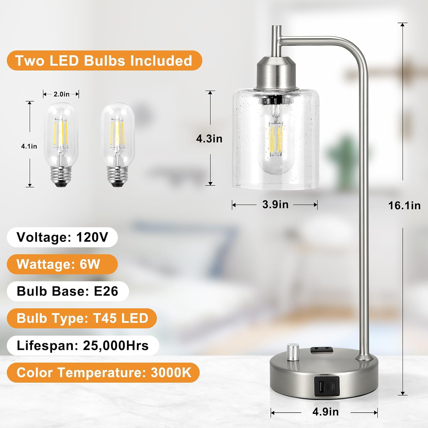 Industrial Table Lamps for Bedrooms Set of 2 - Fully Dimmable Bedside Lamps with USB A and C Ports and Outlet, Nickel Nightstand Lamps…