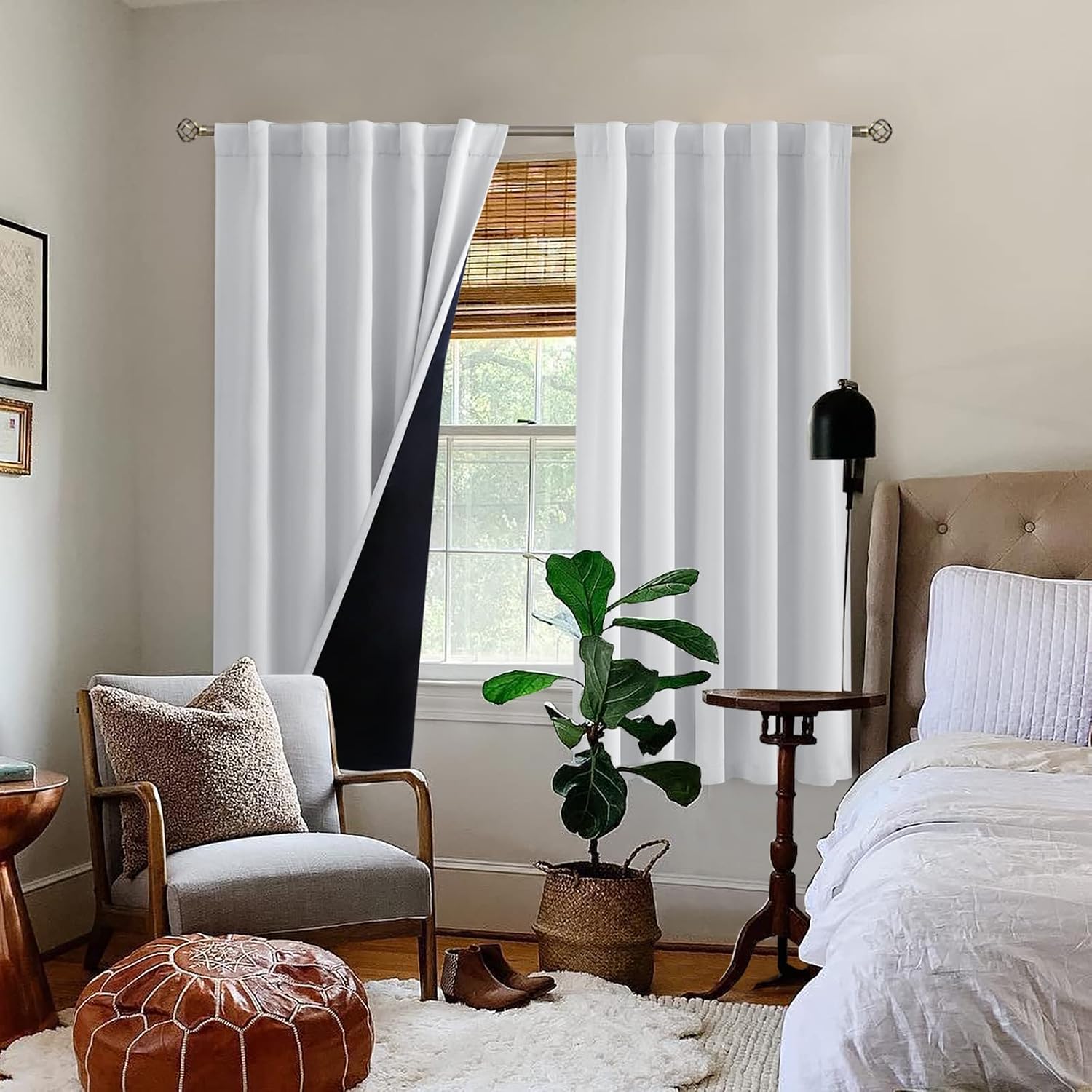 BGment Greyish White 100% Blackout Curtains 63 Inches Long with Noise-reducing Liner, Rod Pocket and Back Tab Double Layer Room Darkening…