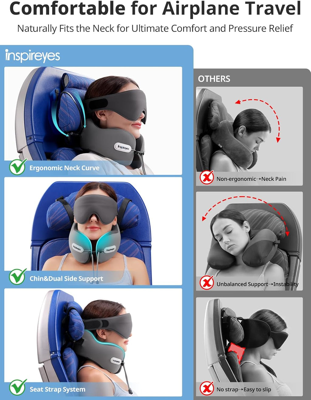 Inspireyes Neck Pillow, Travel Pillow with Seat Strap, 3D Sleep Mask, Dual Support Neck Head, High Supportive Foam Airplane Pillow for…