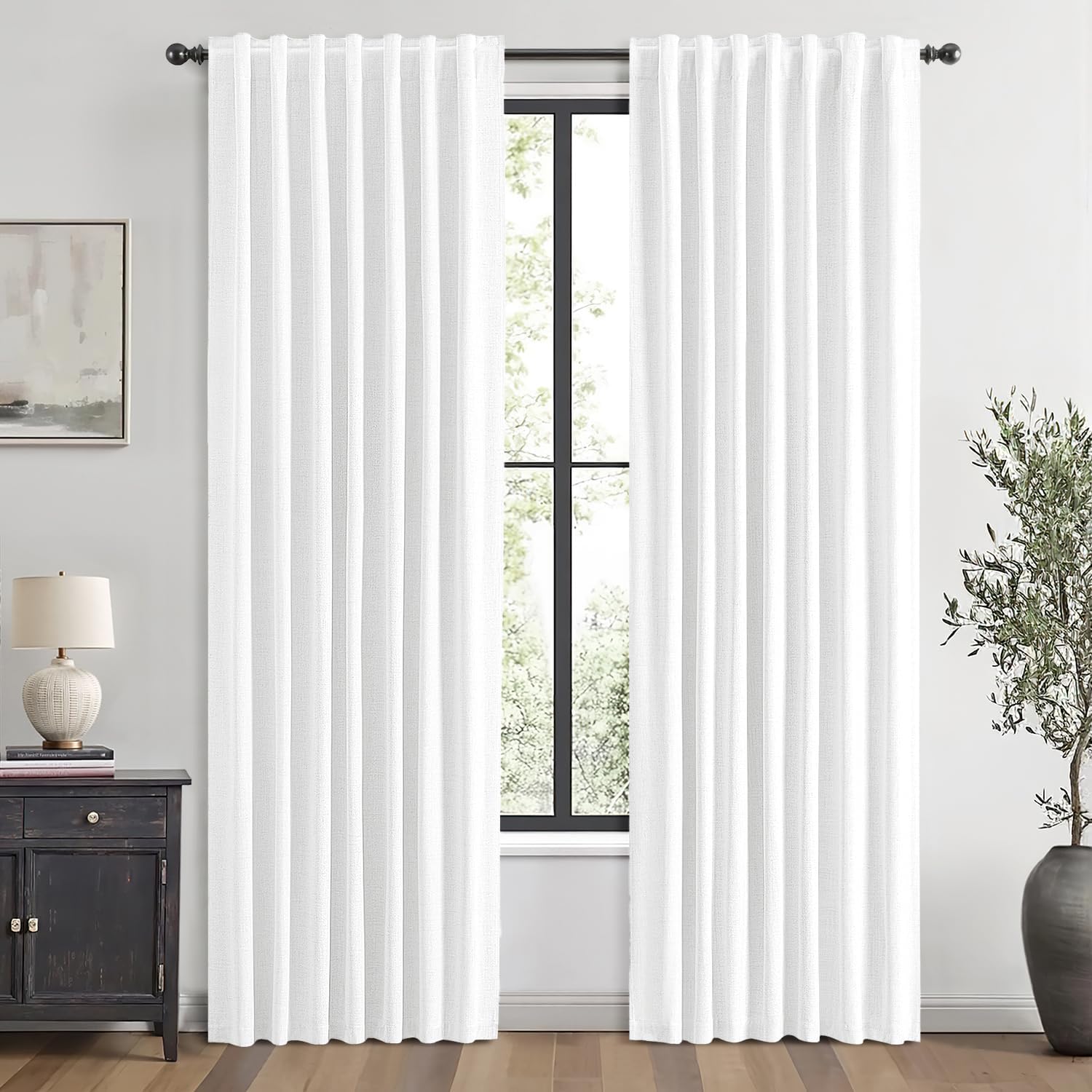 Miulee 100% Blackout Linen Curtains for Bedroom, Bright White Solid Luxury Decor Thermal Insulation Room Darkening Drapes for Living Room N…