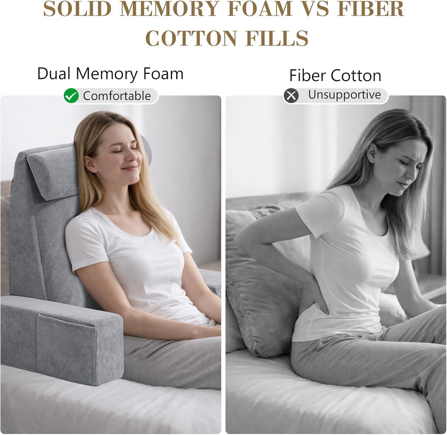 Bed Pillow for Sitting Up in Bed, 25” Ergonomic Reading Pillow with Adjustable Headrest & Arms, Dual Layer Memory Foam Back Pillow, Soft…