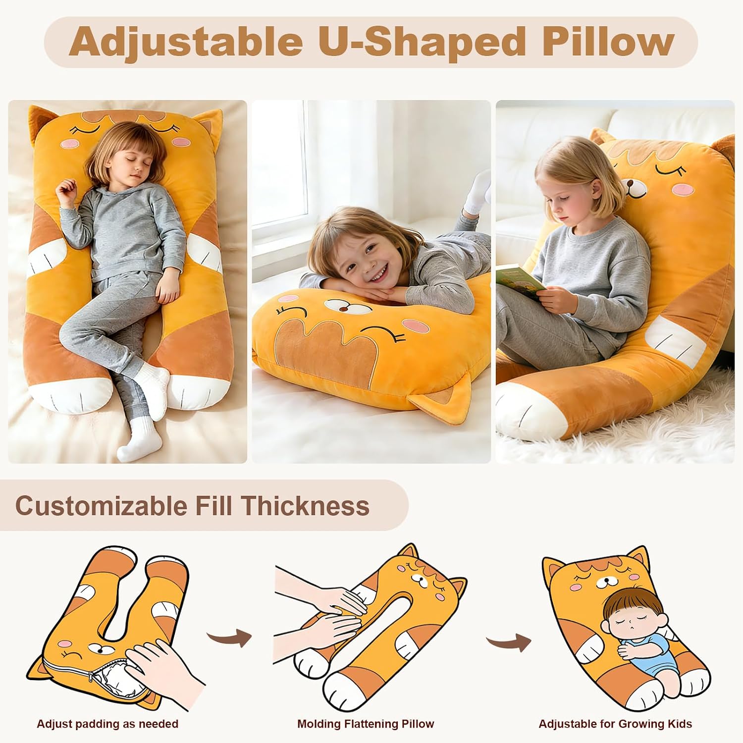 47x23 inch U Shaped Long Plush Body Pillows for Kids, Stuffed Animal Cat Soft Large Pillow for Sleeping, Big Cute Plushies, Washable…