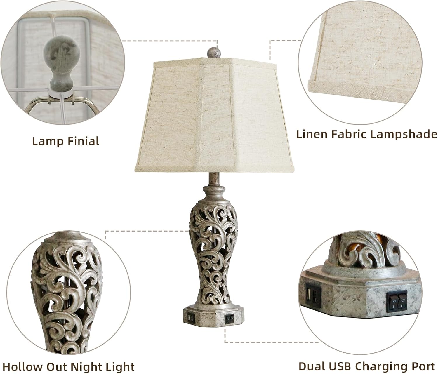 Vintage Table Lamps Set of 2 for Living Room Bedroom, 2 USB Ports 25'' Rustic Farmhouse Desk Lamp with Nightlight, Iron Gray Hollow Out…