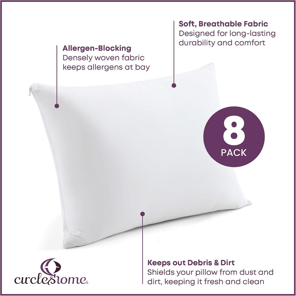 CirclesHome Pillow Protectors 8 Pack Queen Zippered - 100% Cotton Breathable Pillowcases - Protects Pillows from Dirt, Dust and Debris (Que…
