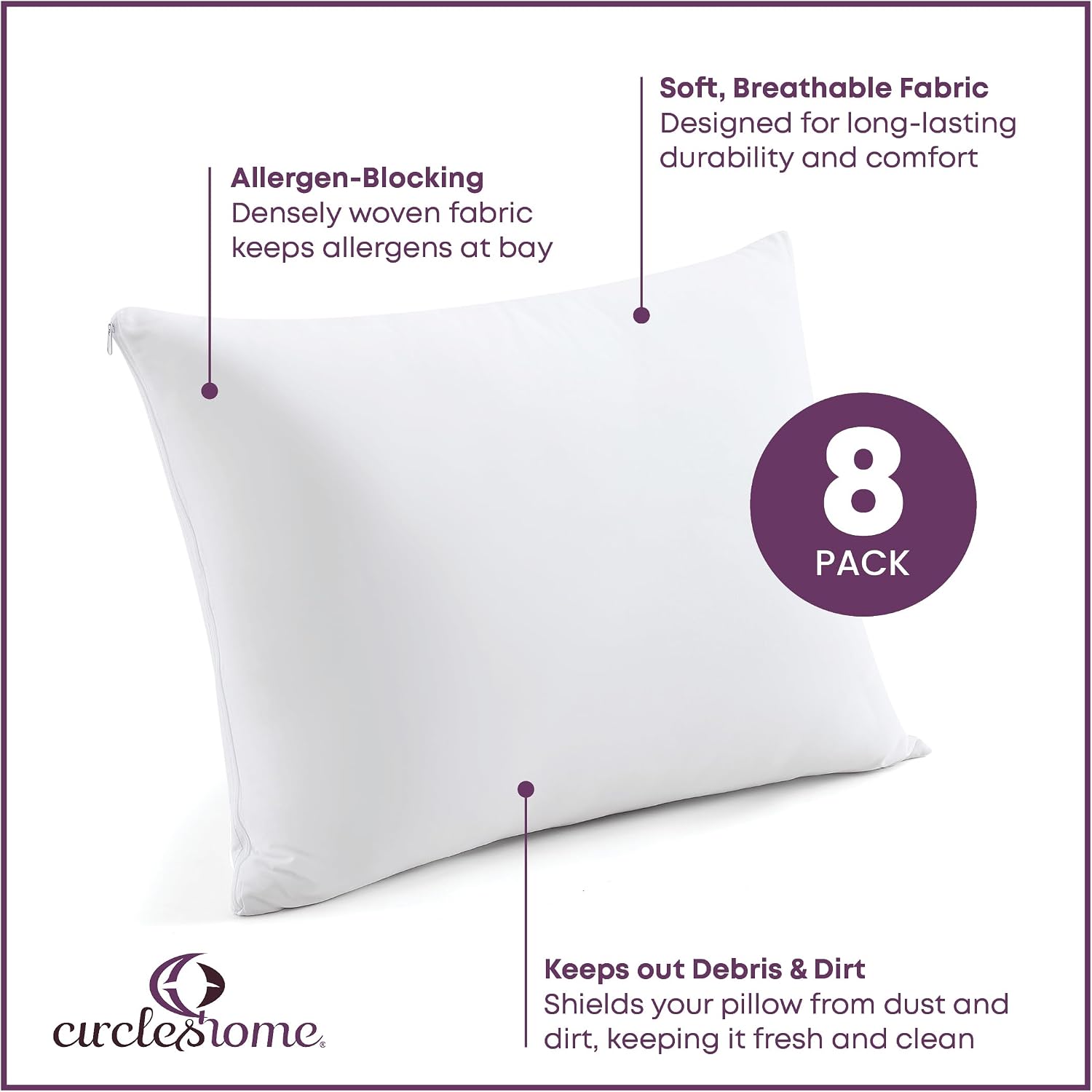 CirclesHome Pillow Protectors 8 Pack Queen Zippered - 100% Cotton Breathable Pillowcases - Protects Pillows from Dirt, Dust and Debris (Que…