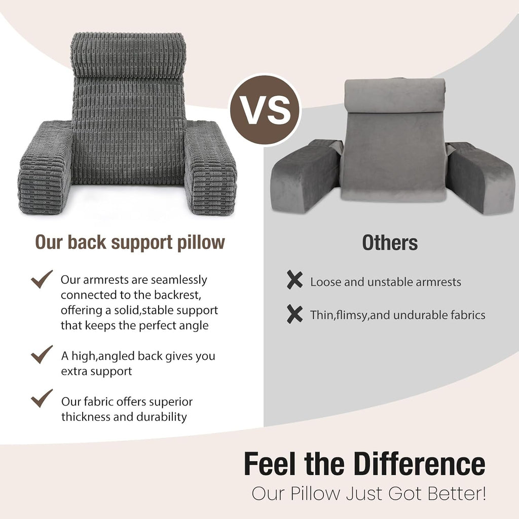 19" Reading Pillow for Bed with Built-in Arms & Large Pockets, Supportive Backrest Cushion for Reading, Resting, or Reclining, Washable…