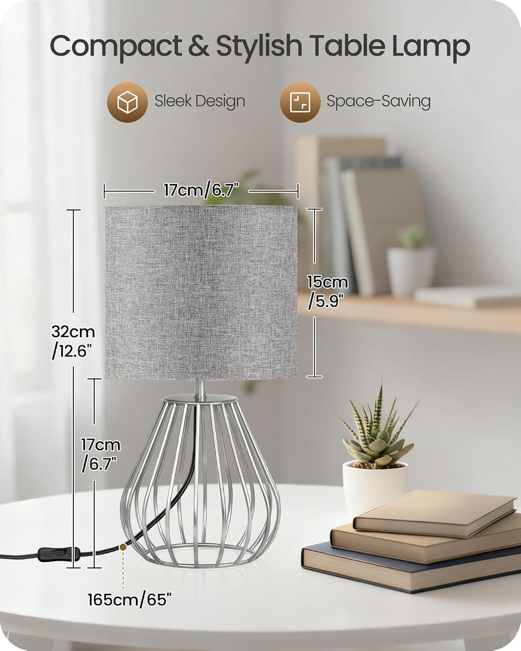Small Table Lamp, Bedside Lamp with Gray Linen Lampshade & Silver Metal Base, Modern Nightstand Lamp, Little Cute Desk Lamp for Bedroom…