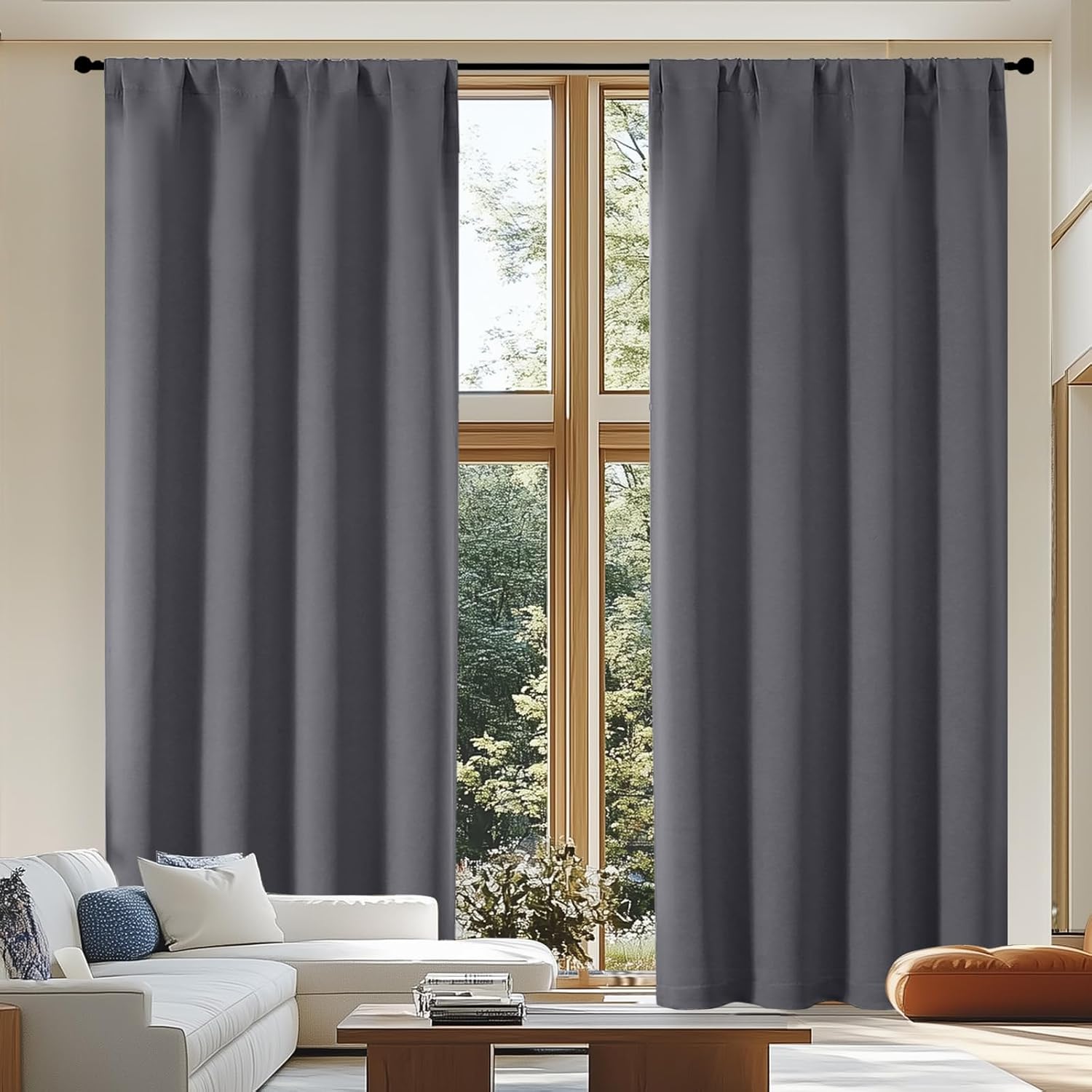 Simplebrand Ava Grey Blackout Curtains for Patio 108 Inches Long 2 Panels Set, Solid Thermal Insulated Room Darkening Rod Pocket Window Tre…