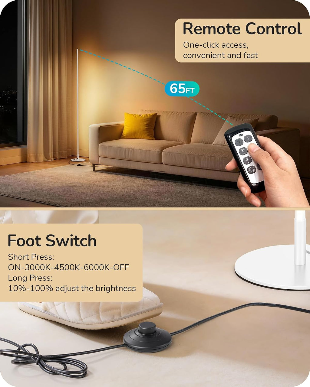 Edishine 59.8" Corner Floor Lamp, White Floor Lamp with Remote, 3 Height Settings, 3 Color Temperature & Stepless Dimming, Foot Switch, Sli…