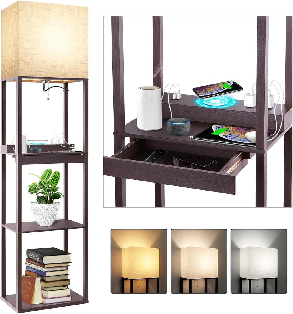 RUNTOP Floor Lamp with Shelves, Modern Standing Lamp with Wireless Charger, 1 Drawer and 2 USB Ports & 2 Power Outlet, 15W LED Bulb 3…