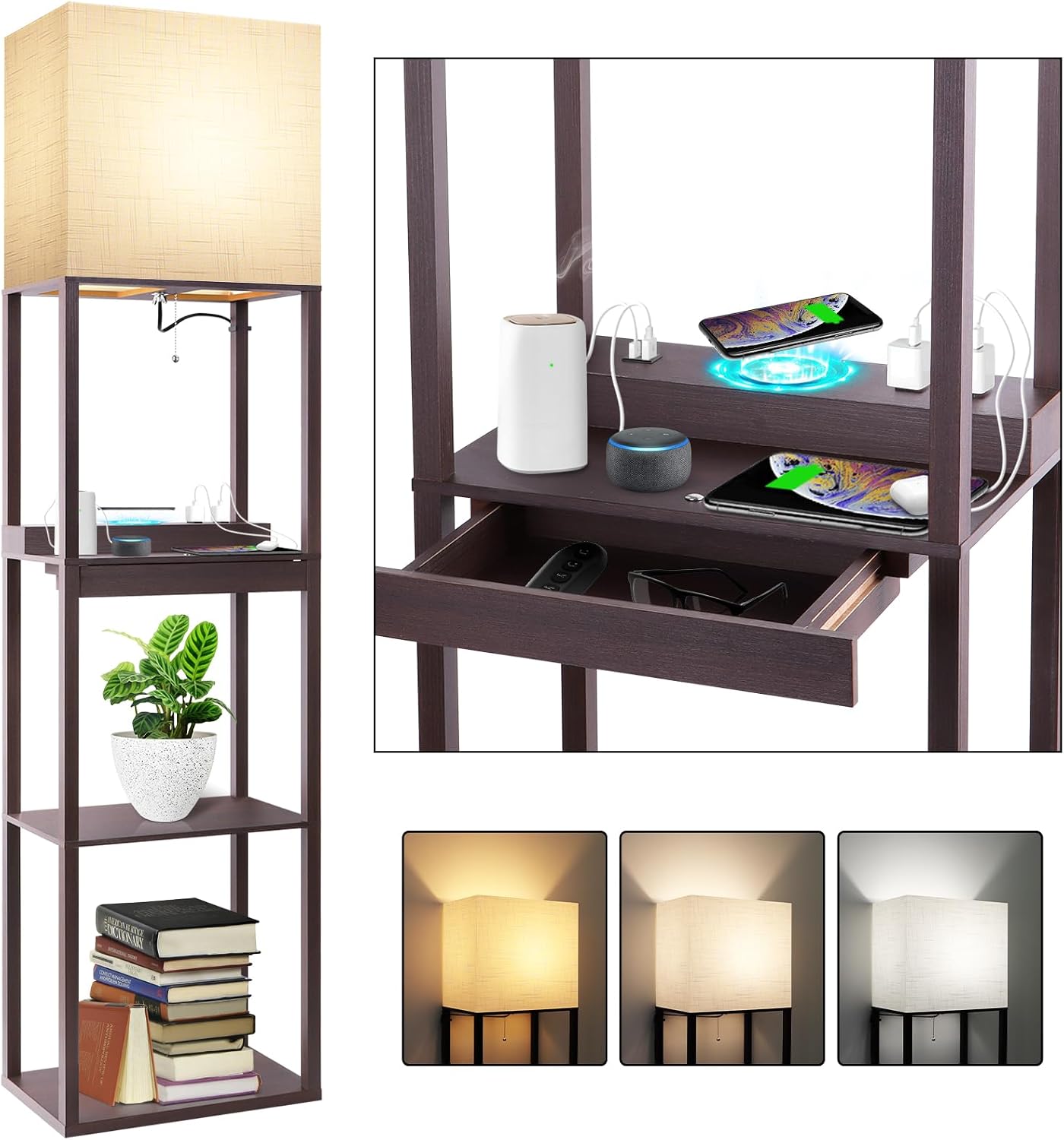 RUNTOP Floor Lamp with Shelves, Modern Standing Lamp with Wireless Charger, 1 Drawer and 2 USB Ports & 2 Power Outlet, 15W LED Bulb 3…