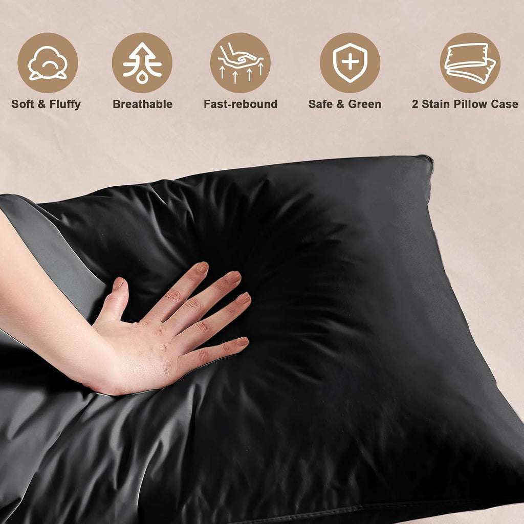 BHZHouseholdProducts BHZ Black Satin Goose Down Feather Pillows King Size Set of 2 with Black Satin Pillowcase for Hair and Skin, Cooling P…
