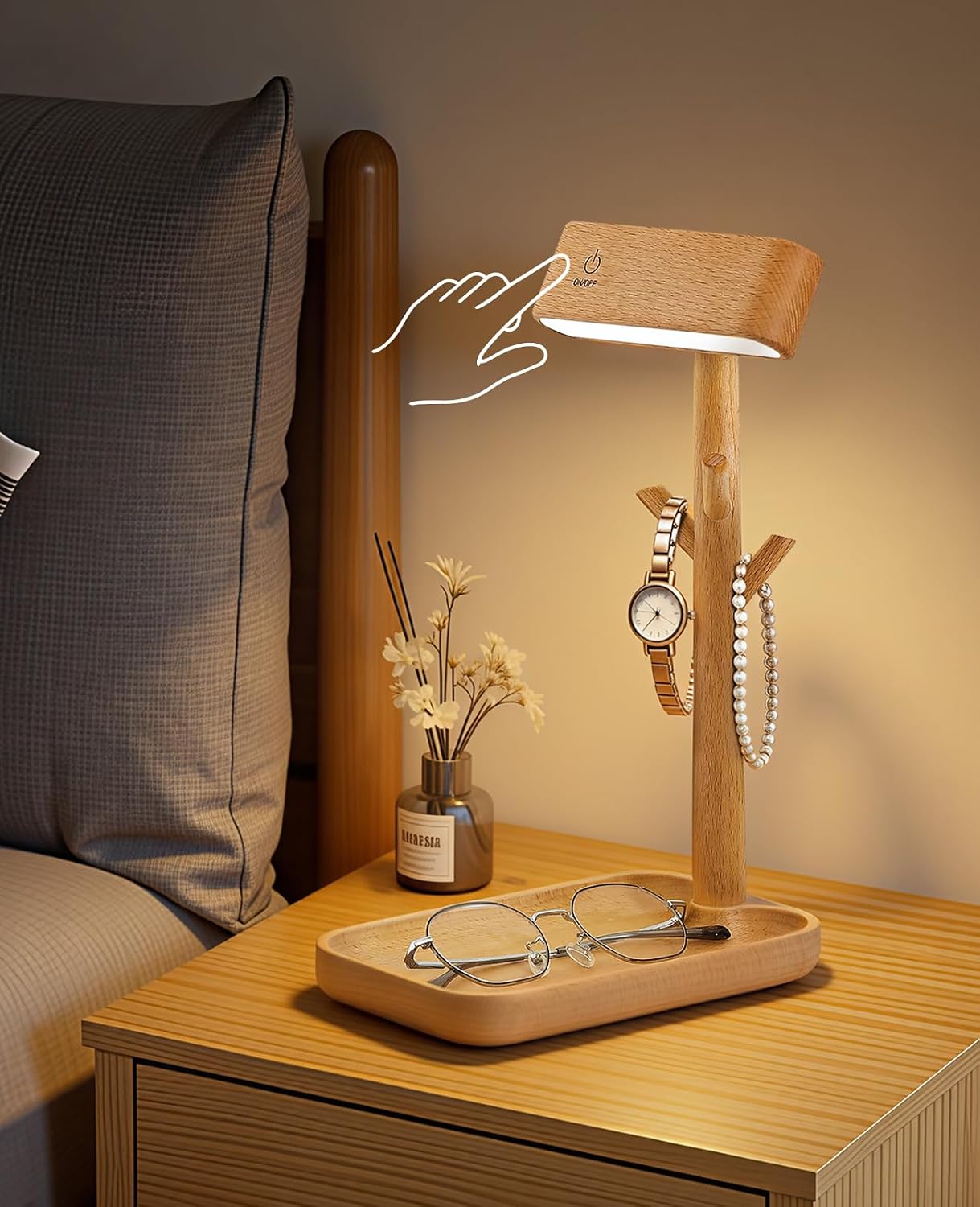Wooden Table Lamp, Tree Trunk Rechargeable LED Desk Lamp with Organizer and Magnetic 360° Rotating Night Light for Bedside, Dorm Room or…