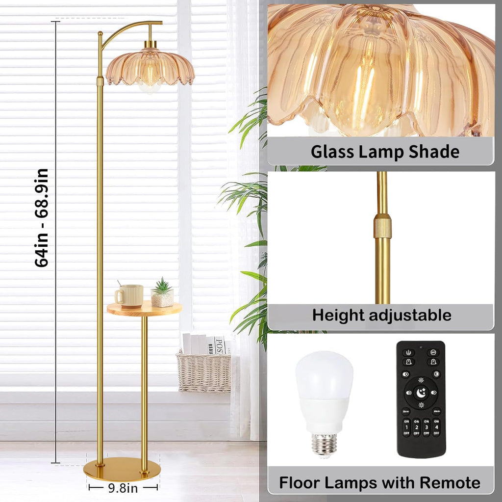 QIYIZM Gold Floor Lamp with Table and Shelves for Living Room Bedroom, Glass Standing Lamp with Remote Dimmable, Boho Brass Tall Lamp…