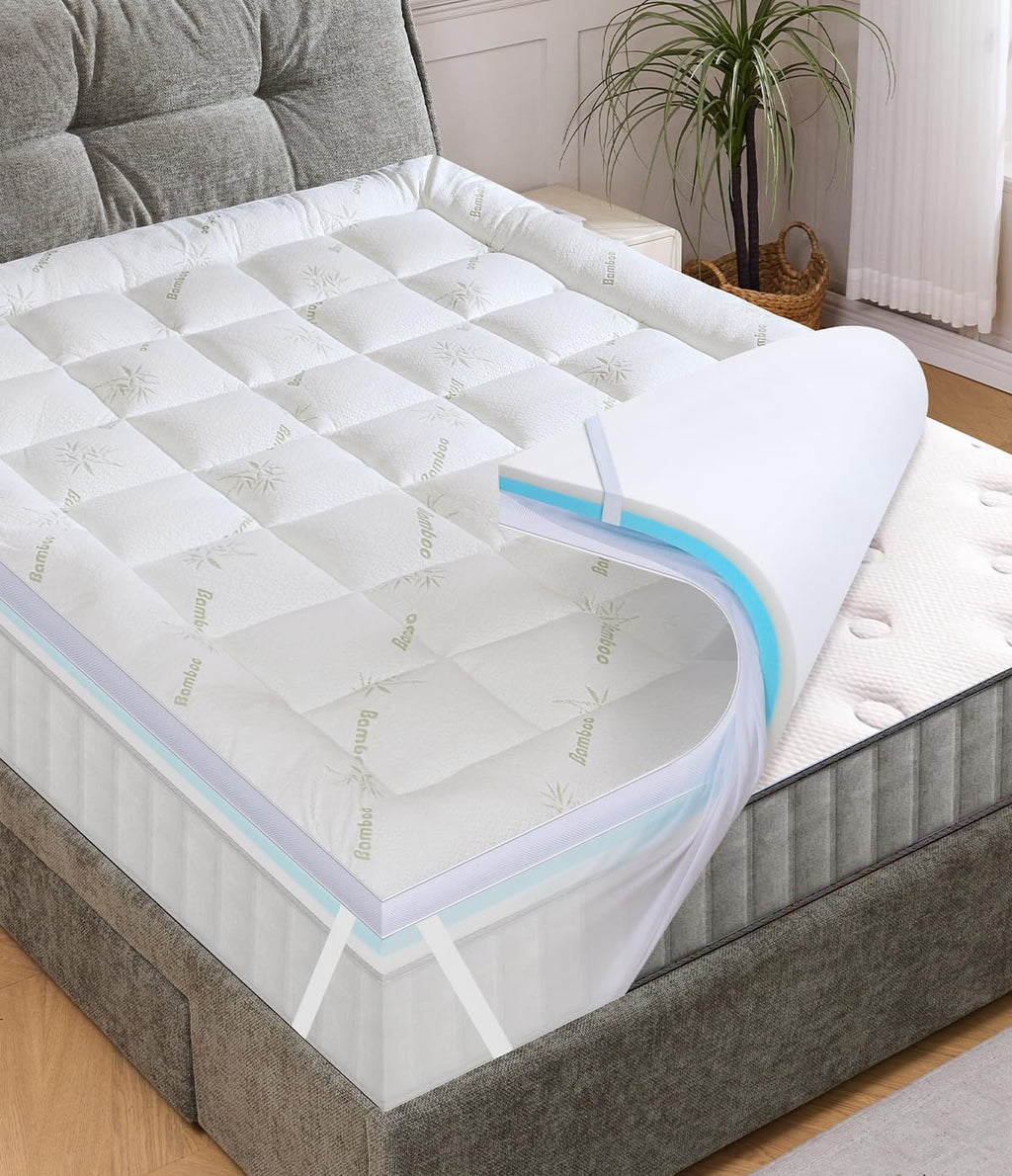 FrachoLLC Fracho 4 Inch Dual Layer Memory Foam Mattress Topper Full, 2-in-1 Adjustable Design with 2" Bamboo Rayon Pillow Top & 2" Cooling…