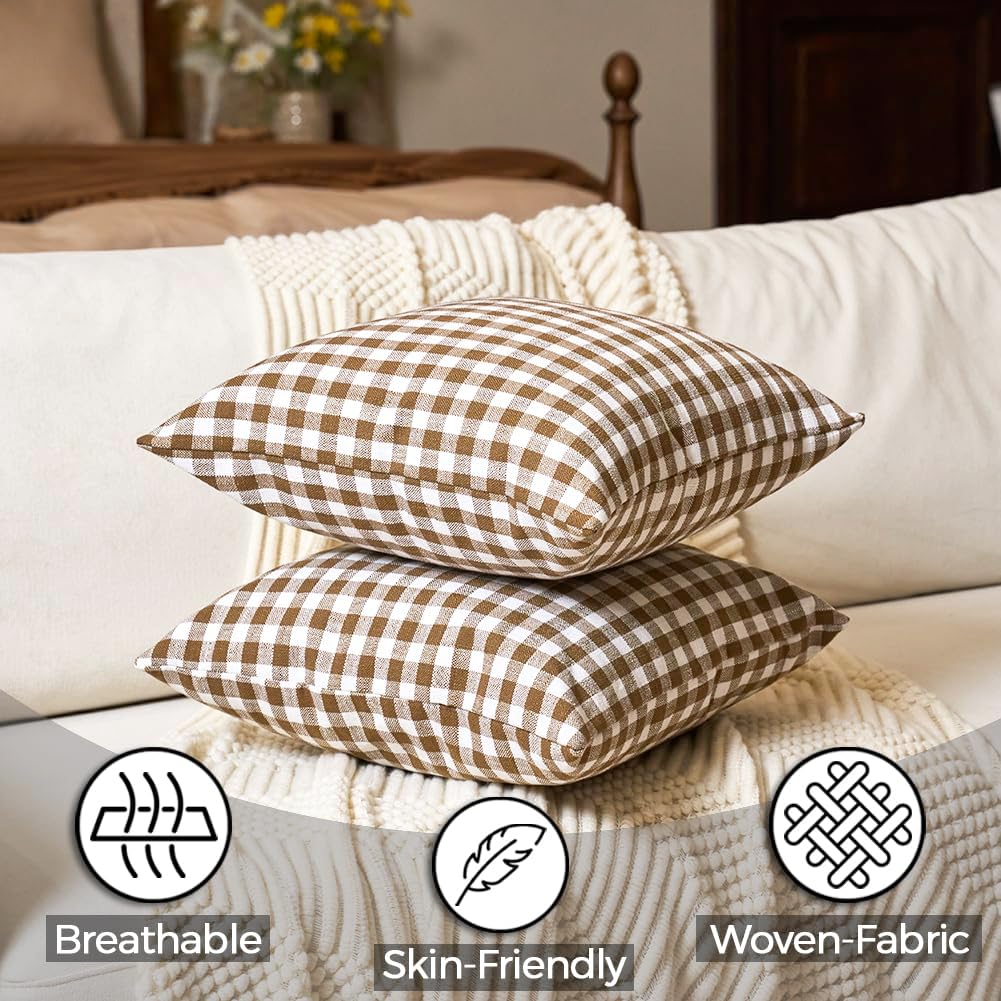 CARRIE HOME Farmhouse Brown Gingham Euro Pillow Covers 26x26 Set of 2, Brown and White Plaid 26 x 26 Throw Pillow Shams for Couch, Khaki…