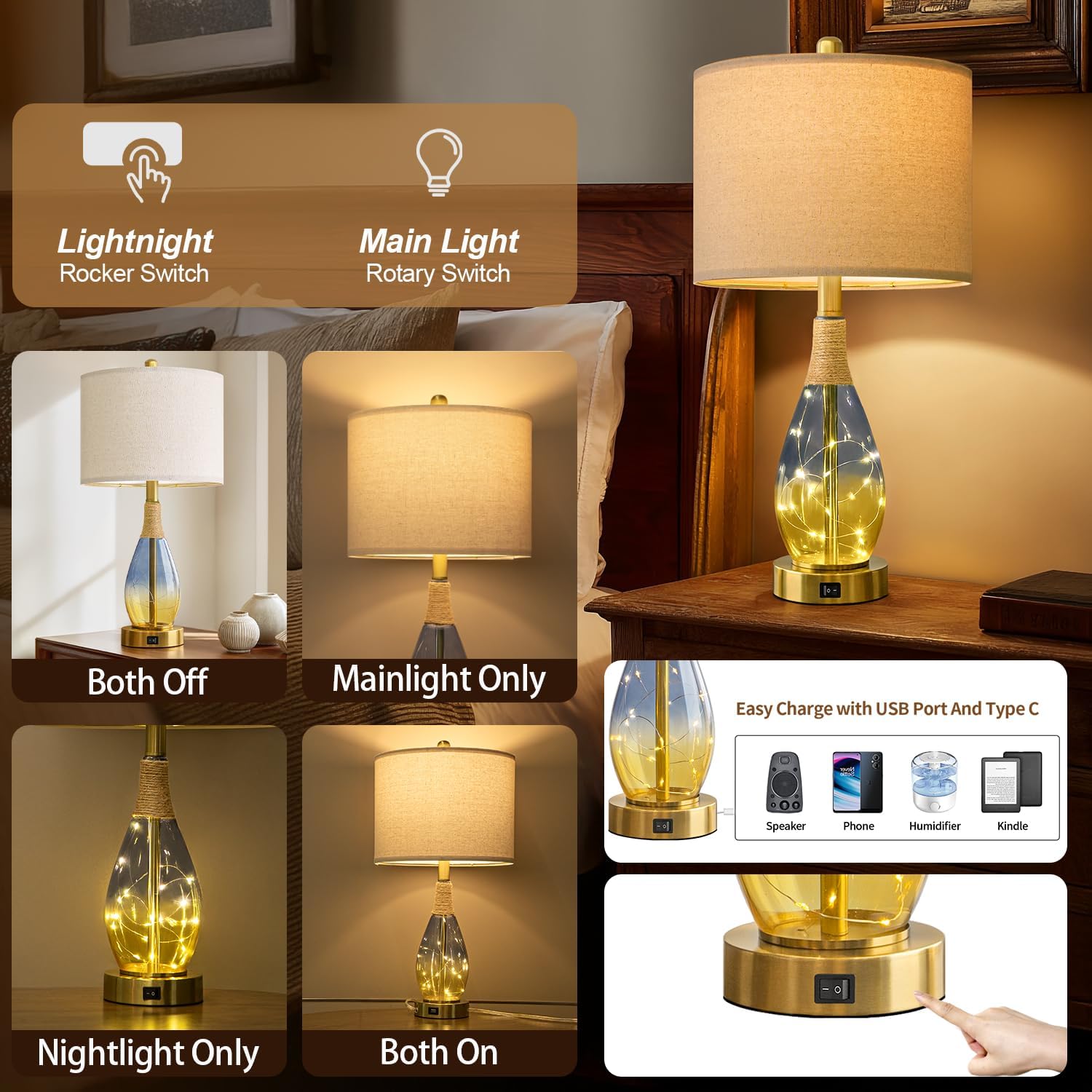 OYEARS 23" Table Lamps for Living Room Set of 2, Bedside Lamps for Night Stands, Rattan Lamps for Bedroom, Farmhouse Lamps with Glass…