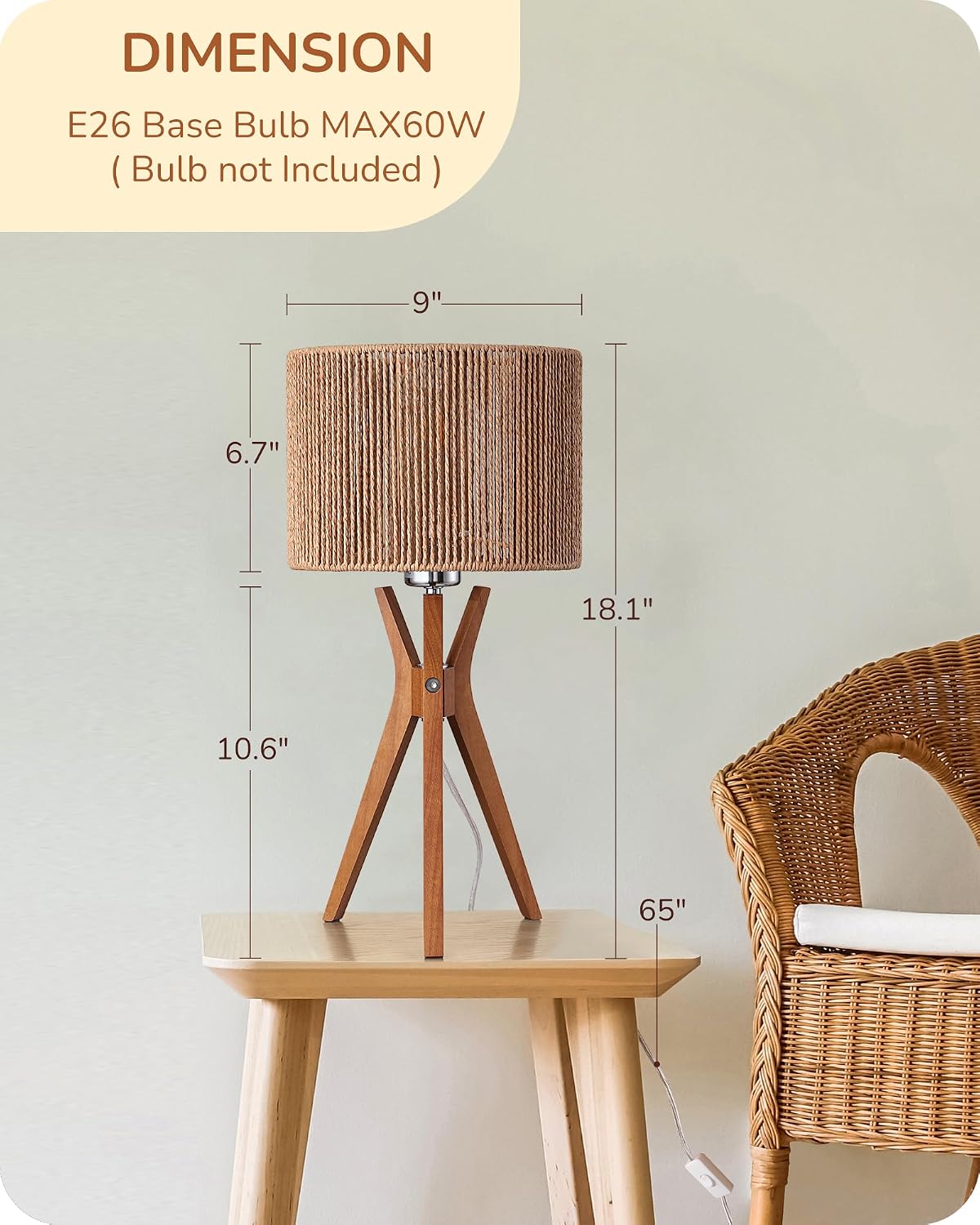 EDISHINE 17.5" Rattan Table Lamp, Wood Bedside Lamp with Handmade Paper Rope Woven Lampshade, Nightstand Lamp for Living Room, Bedroom…