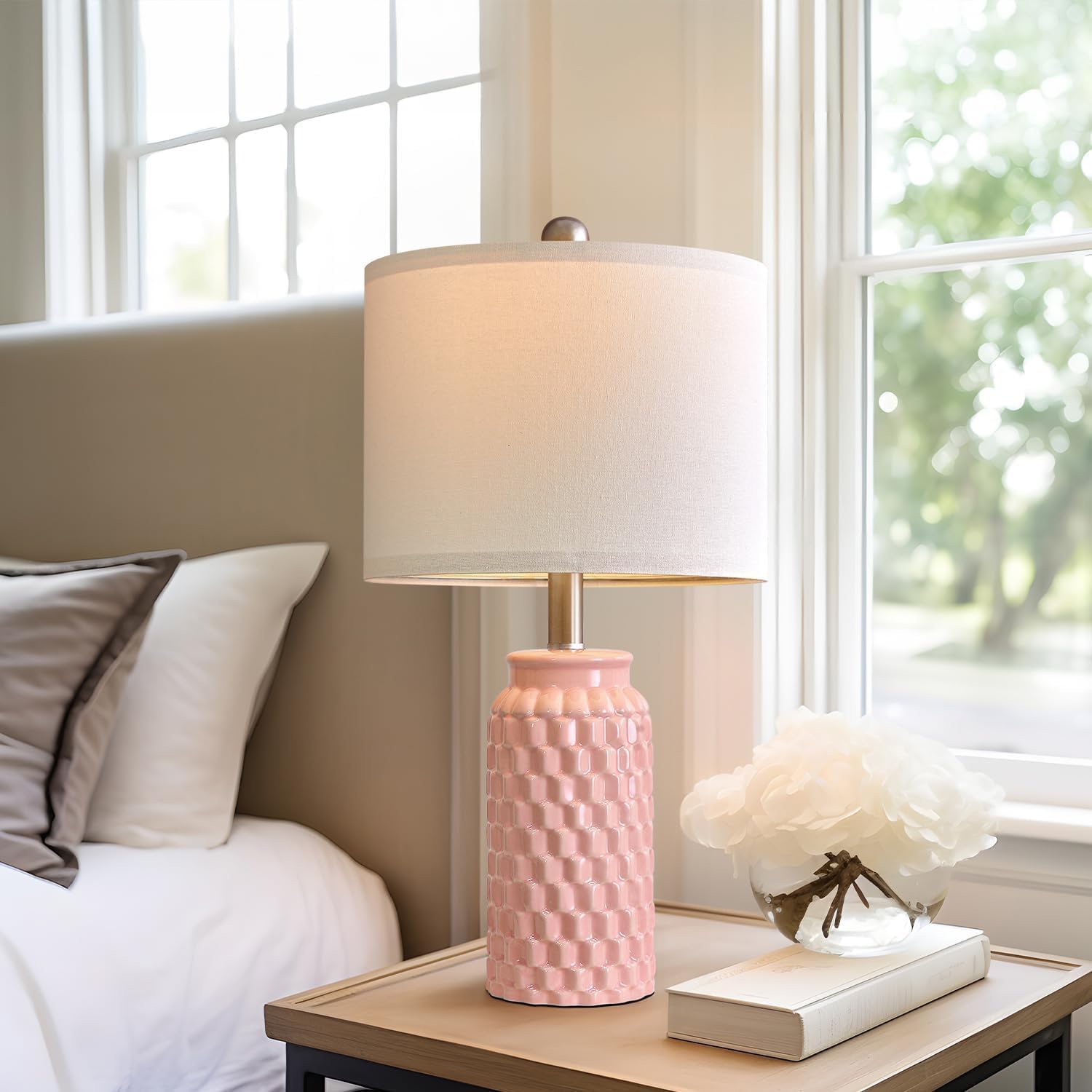 20.5" Small Bedside Lamps Set of 2 with 5FT Cord, Pink Ceramic Modern Farmhouse Table Lamps for Nightstand, Living Room, Bedroom, 3D…