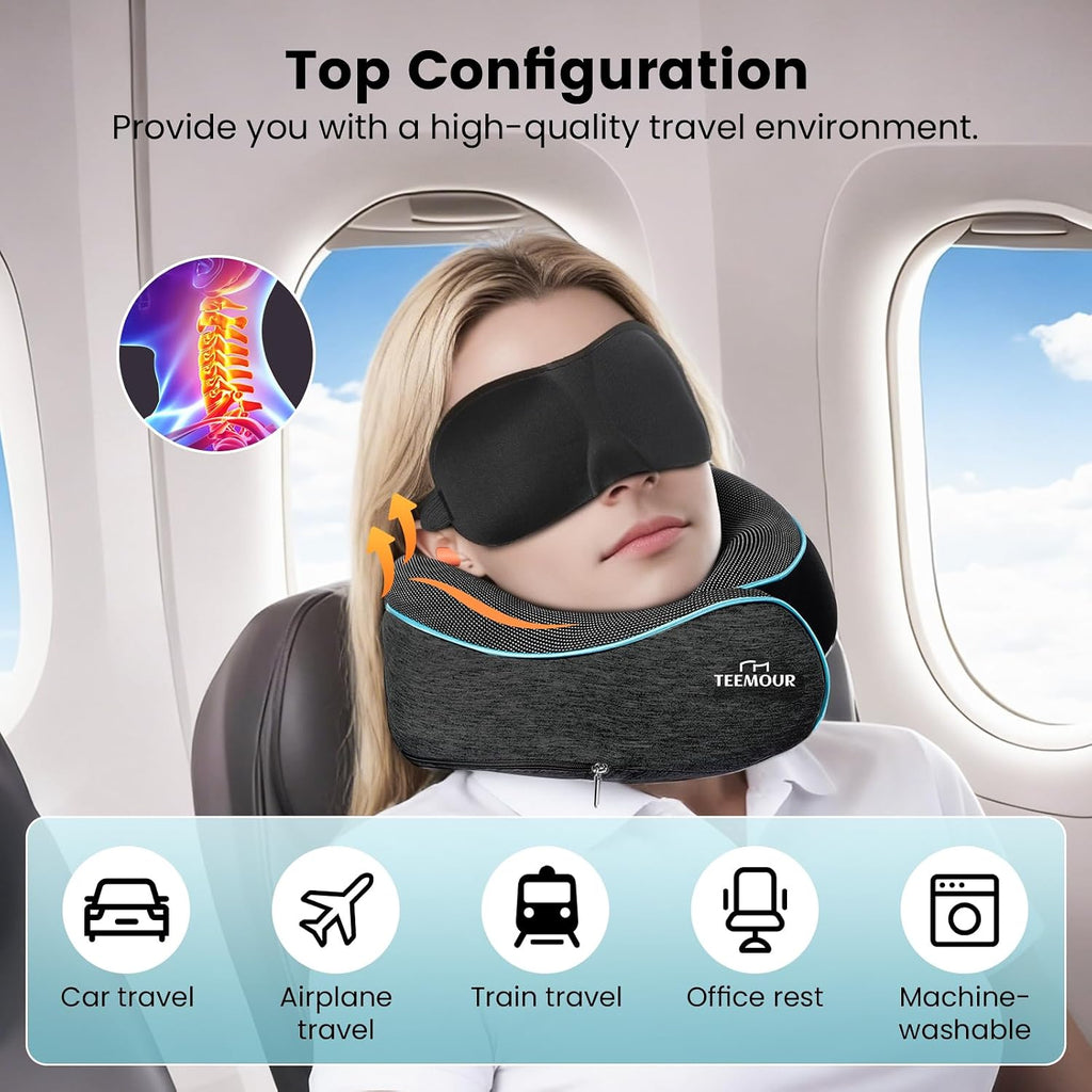 Travel Neck Pillow for Airplane -Memory Foam Travel Pillow for Long Flights/Car Sleep 360° Support Airplane Pillow, With Eye Mask &…