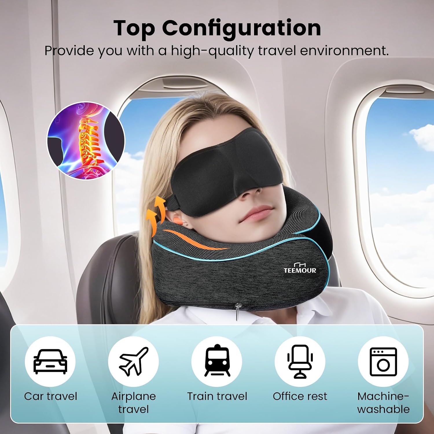 Travel Neck Pillow for Airplane -Memory Foam Travel Pillow for Long Flights/Car Sleep 360° Support Airplane Pillow, With Eye Mask &…