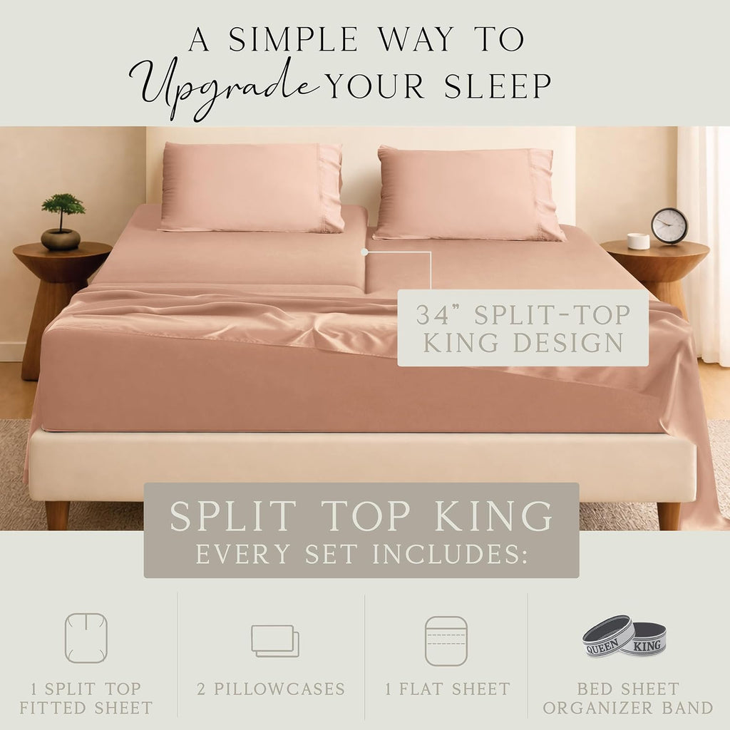 KARISSA MAE Pure Viscose from Bamboo 34" Split Top King Size Sheet Set | 100% FSC Certified | Luxuriously Soft | Cooling | 18" Deep…