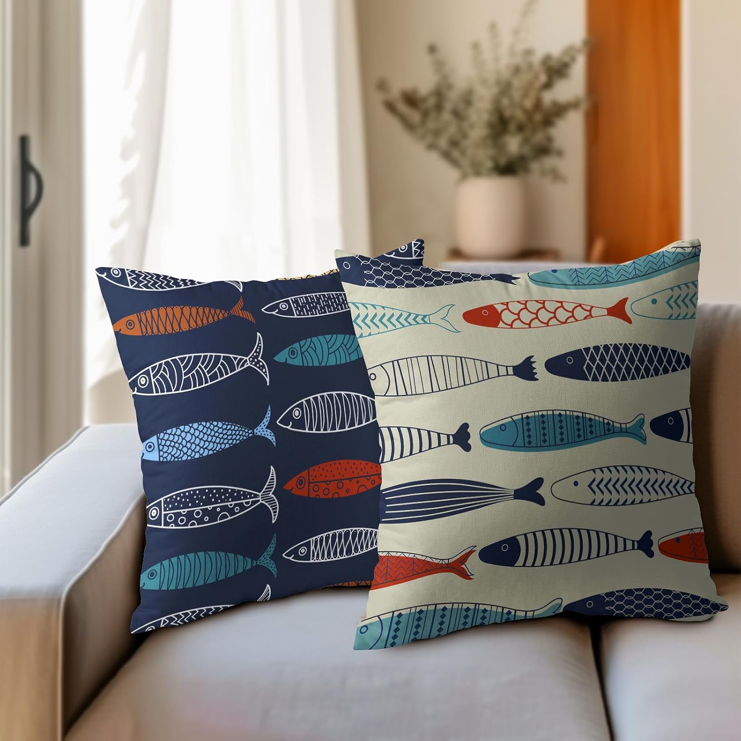 Fish Throw Pillow Covers Decorative Cotton Linen Pillowcases 22x22 inch Colorful Fish Pillow Case Set of 2 Nautical Theme Square Cushion…