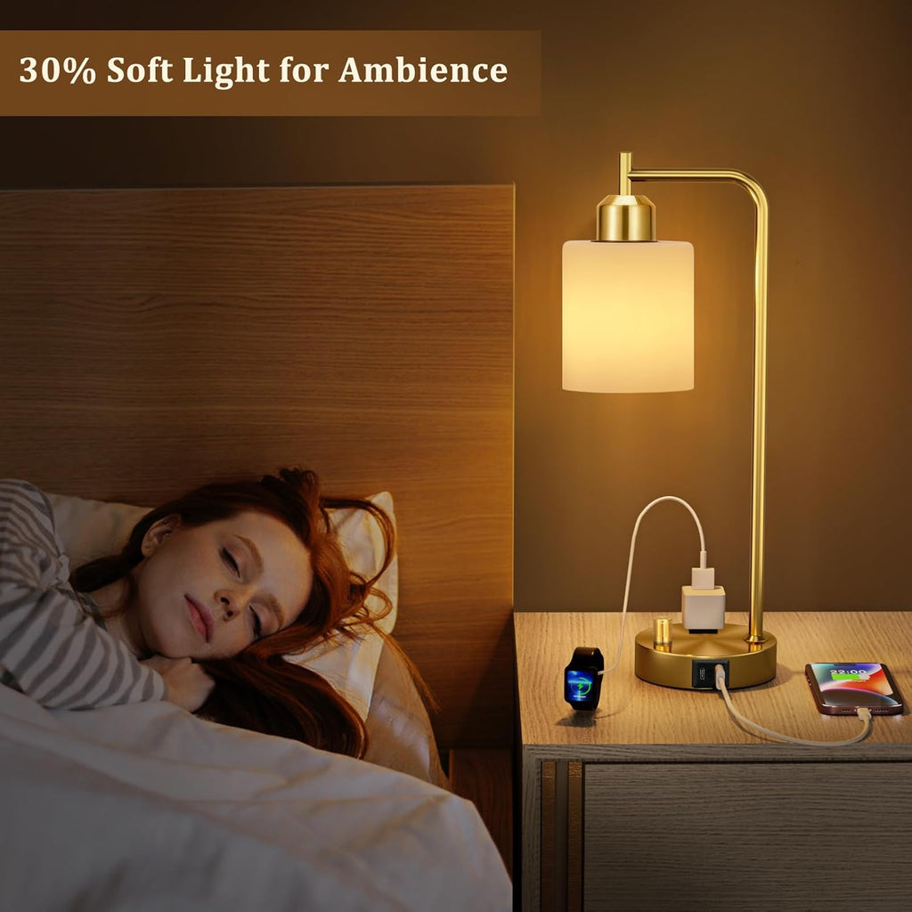 Innqoo Gold Lamp for Bedroom - Industrial Bedside Table Lamp with USB Port and Outlet, Fully Dimmable Nightstand Lamp with Opal Glass…