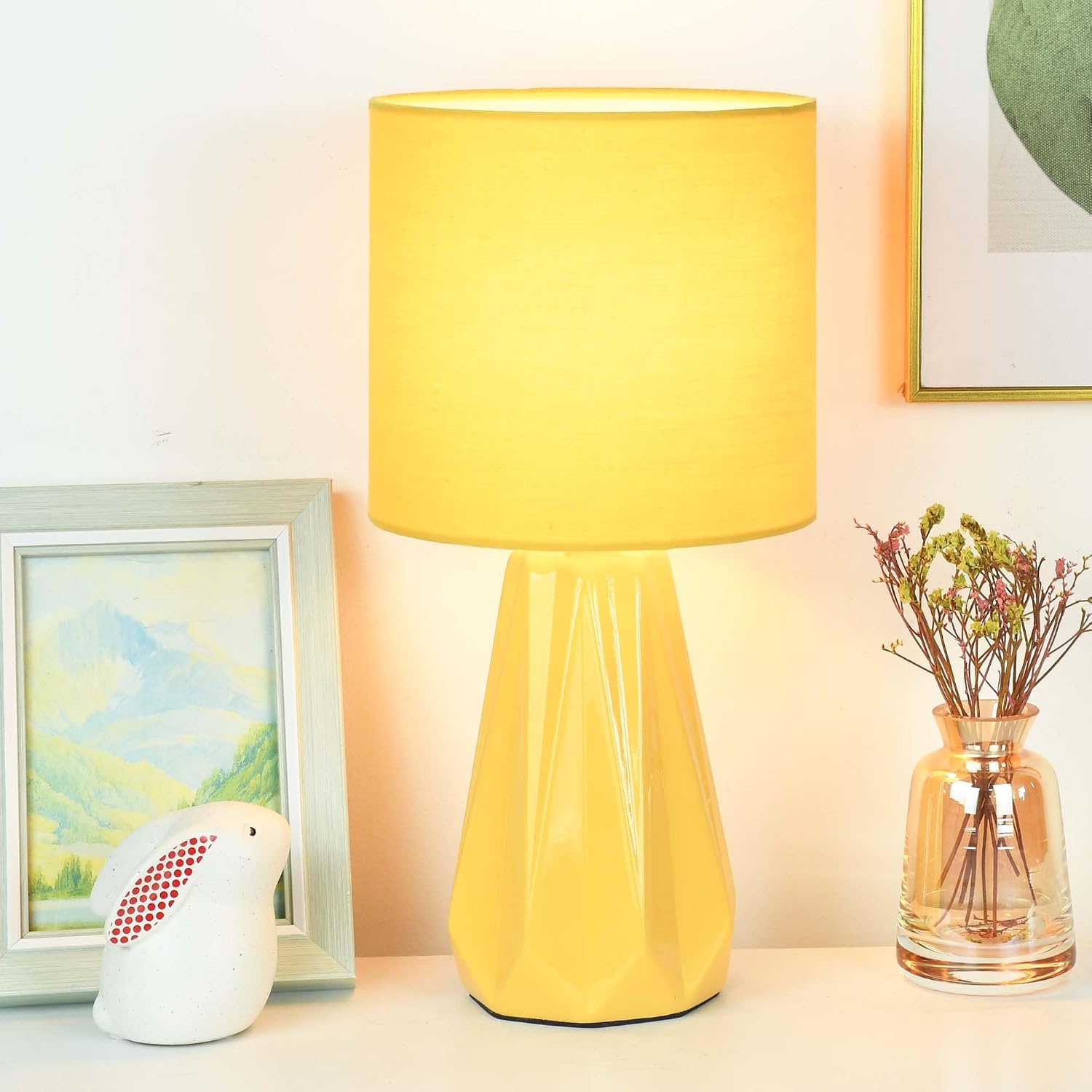 Elisa Yellow Small Table Lamp for Living Room as Bedside Table Lamp for Bedroom, Modern Ceramic Kids Night Table Lamp, Φ6.1×H12.4IN, Bulb…