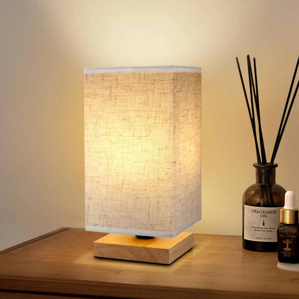 Small Square Bedside Table Lamp for Bedroom, Minimalist Wood Base & Round Fabric Shade, Mini Cute Cozy Warm Nightstand Boho Lamp, Study…