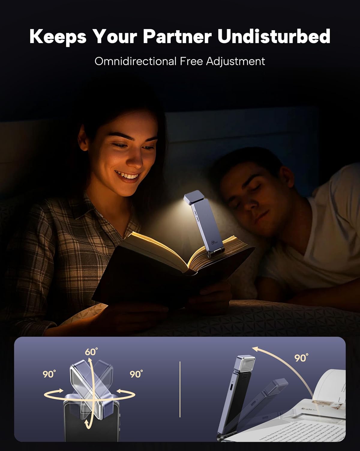 86Lux Book Light, Rechargeable Clip-On LED Reading Light for Bed & Night Use - 3 Color Temperatures with Stepless Dimming, Ultralight Bookm…