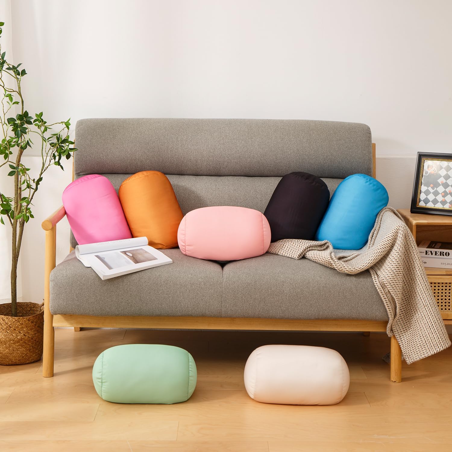 Squish Bean Bed Microbead Pillow Bolster Tube Body Pillow Smooth Cool Touch Fabric Neck & Back Support Throw Travel Pillow Fun Colors…