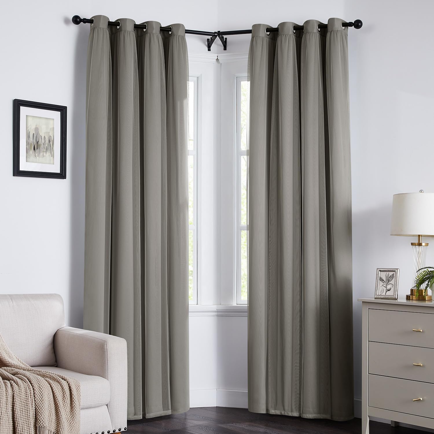 Swandream 100% Blackout Curtains for Bedroom, Double Layer Grey Curtains, Black Out Curtain 84 inch Long with Sheer Overlay for Living Room…