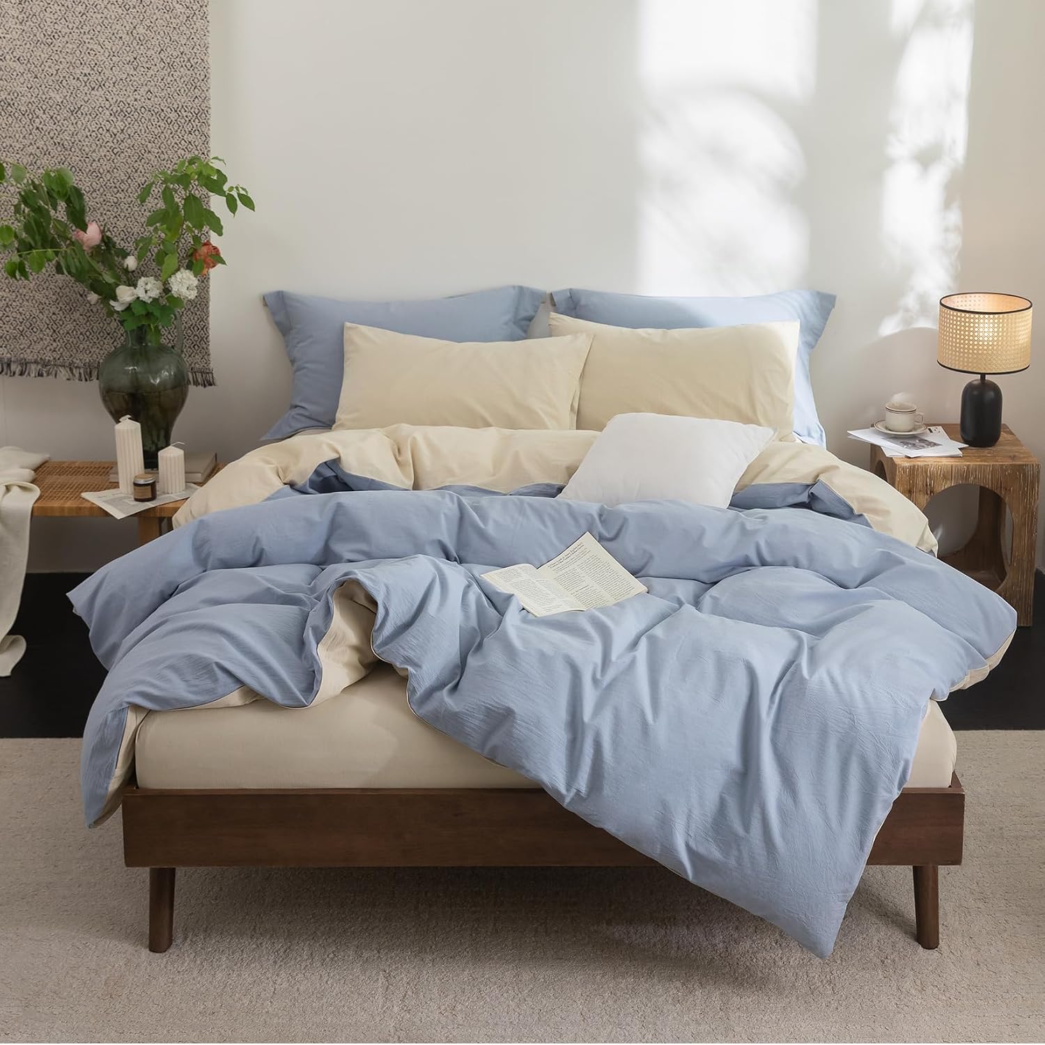 Bdear 3 Pieces Reversible Duvet Cover Set Oversized Queen Size 98x98 inch,100% Washed Cotton Duvet Cover Plus 2 Pillowcases, Double Sided w…