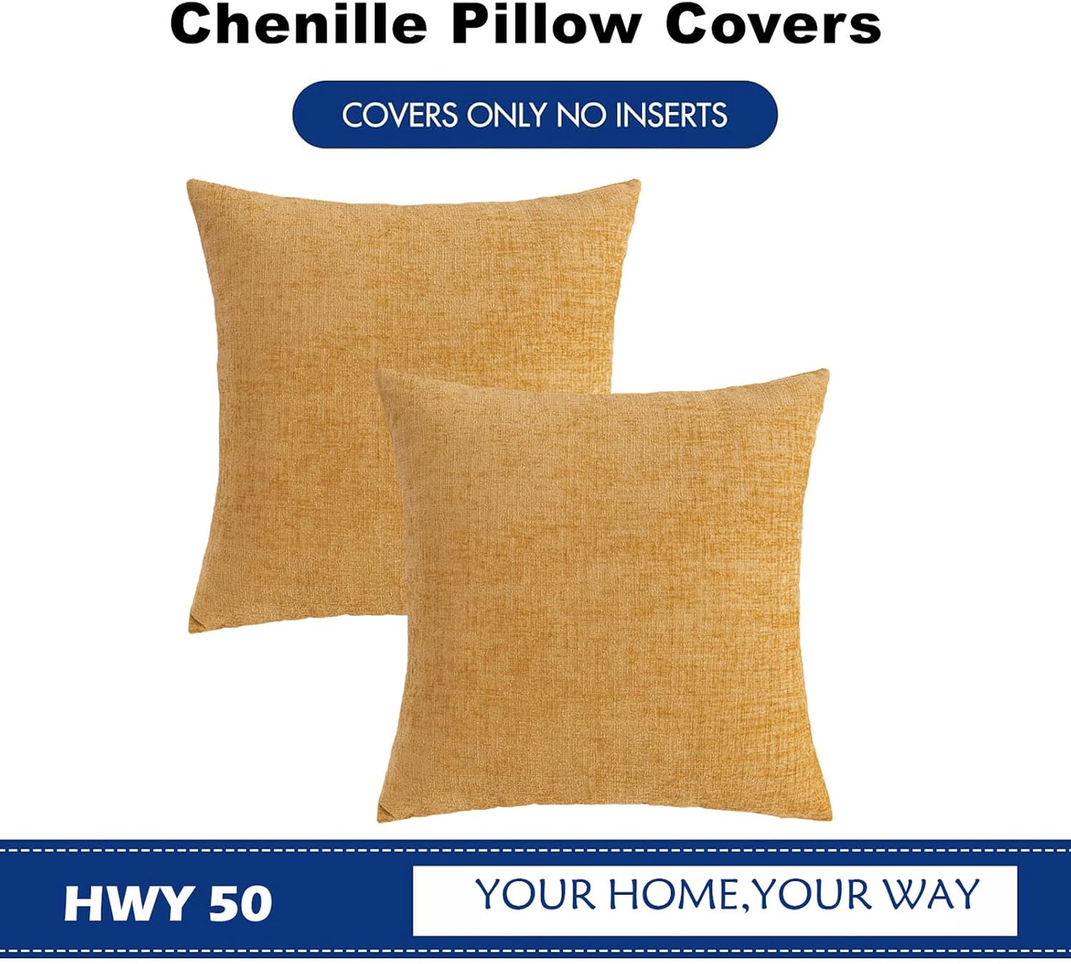 Hwy50 HWY 50 Gold Couch Pillow Covers 18x18 Inch Pack of 2, Soft Chenille Decorative Throw Pillow Cases Farmhouse for Sofa Living Room Bed…