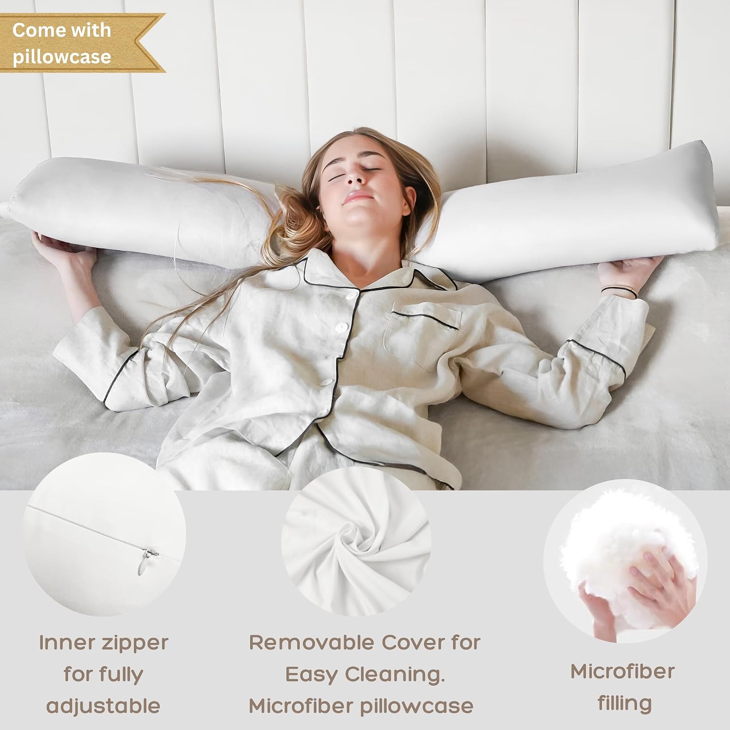 Body Pillow for Side Sleeper, 9x48 Inches Full Body Pillow with Cover, Made with Soft Material and Filled with Polyester for Adults…
