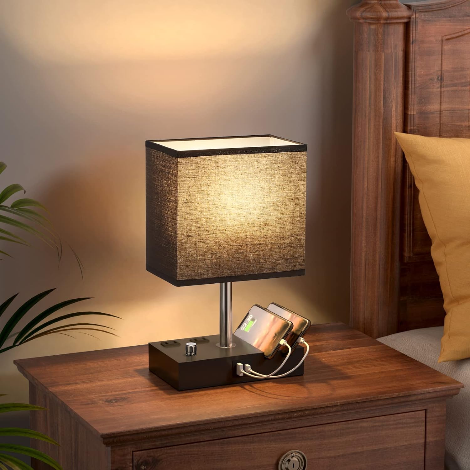 Kakanuo Table Lamp for Bedroom with Dual USB Ports, Fully Dimmable Black Bedside Lamp with Phone Stands and 2 Charging Outlets, Desk Lamp…