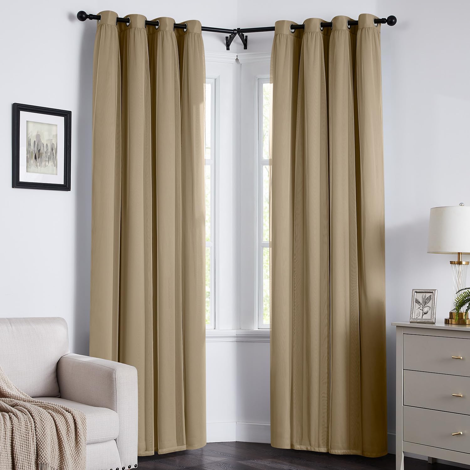 Swandream 100% Blackout Curtains for Bedroom, Double Layer Khaki Curtains, Black Out Curtain 63 inch Long with Sheer Overlay for Living Roo…