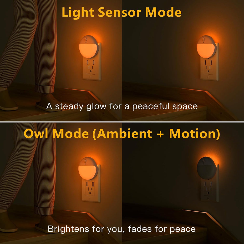 YUNLEX 2 Pack Plug in Sleep Night Light with Motion Sensor and Dusk to Dawn Sensor, 3 Modes, Soft Glow, Stepless Dimming, LED Lights for…