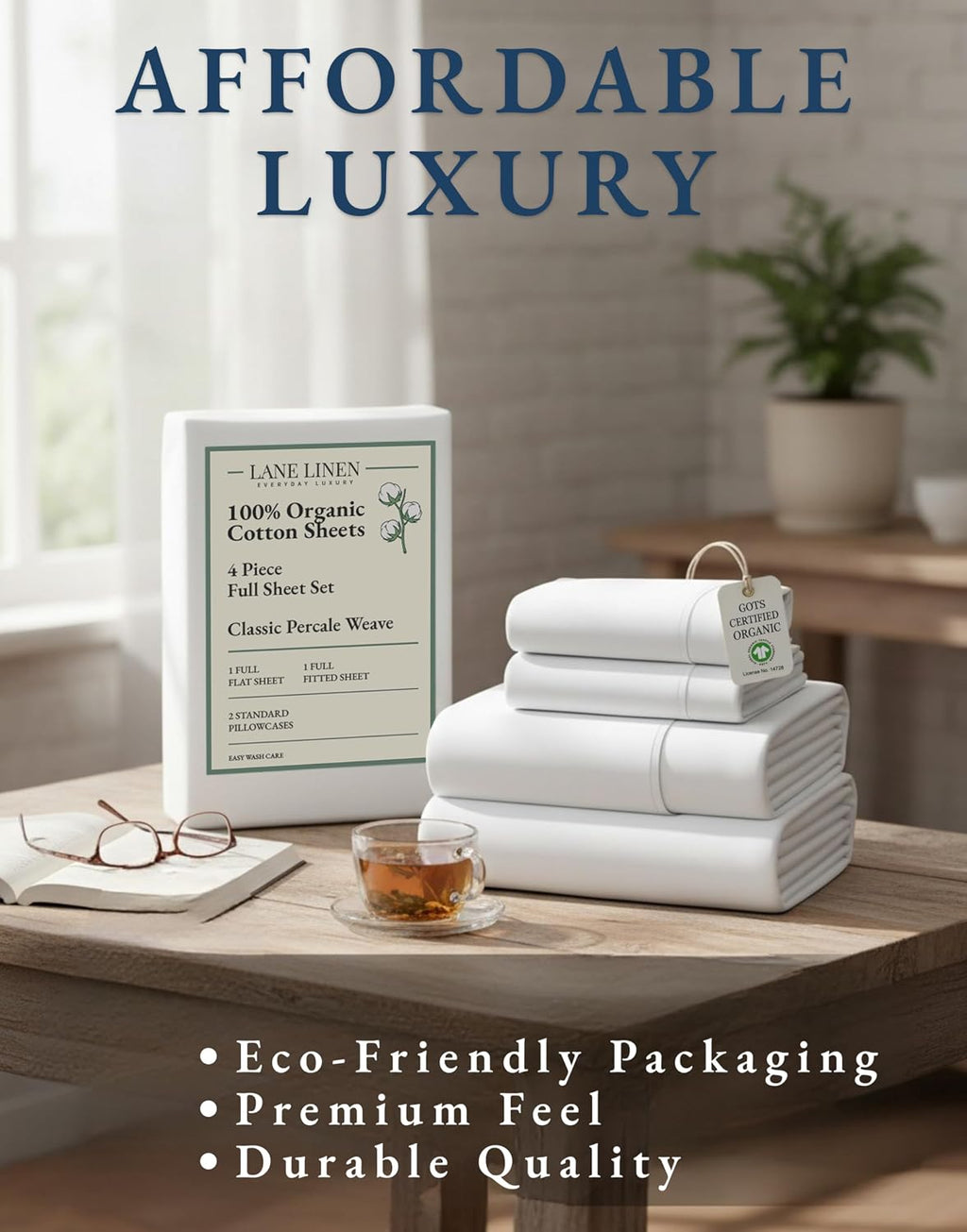 LaneLinen LANE LINEN 100% Organic Mercerized Cotton Pre Washed Full Size Bed Sheets, Soft & Comfy Low Pill Fade Resistance Fully Elasticize…