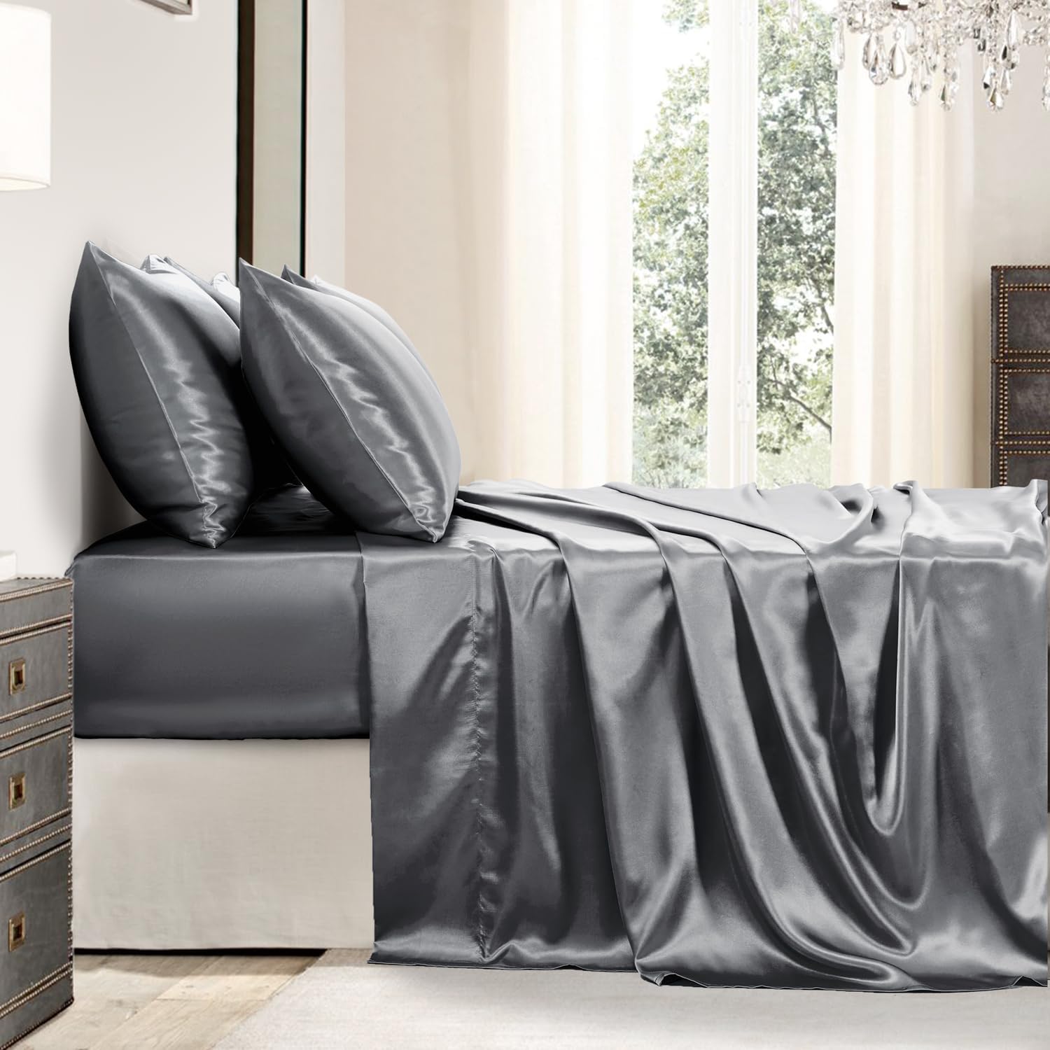 Golal Satin Sheets Queen Size - 6 Pieces Luxury Silky Soft Bed Sheets, Wrinkle-Free Dark Grey Satin Silk Sheet Set with 1 Deep Pocket Fitte…